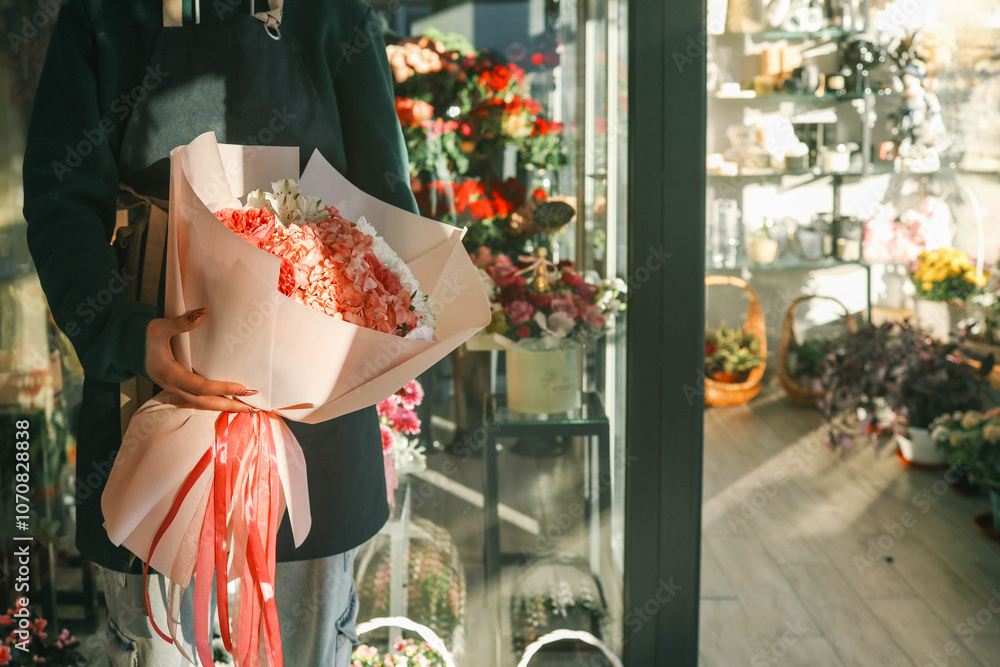 Obraz premium Elegant bouquet with hydrangeas, roses, and delicate flowers wrapped in soft pastel paper with bright ribbons, held by a florist in a cozy flower shop, highlighting vibrant blooms
