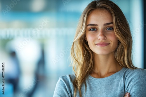 Young woman smiling confidently in a modern office setting during the day