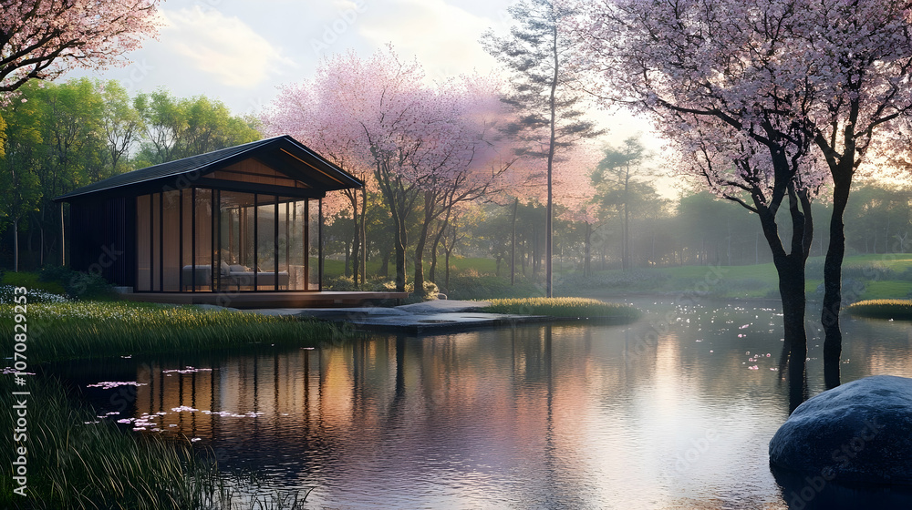 Fototapeta premium A modern cabin with large windows sits on a wooden platform beside a tranquil pond surrounded by blooming cherry trees and lush greenery.