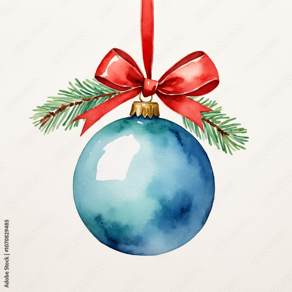 Watercolor christmas illustration of blue ball with red ribbon and christmas tree branches on white paper background. New Year festive decor for poster, greeting card, sticker, packaging, print. Watercolor christmas illustration of blue ball with red ribbon and christmas tree branches on white paper background. New Year festive decor for poster, greeting card, sticker, packaging, print.