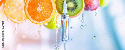 Fresh fruits and vitamin syringe concept, highlighting healthy nutrition and wellness. Vibrant colors evoke vitality and natural goodness.