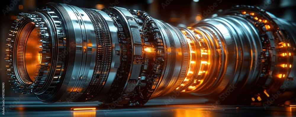 Obraz premium A Close-Up of a Futuristic, Metallic Engine Glowing with Orange Light