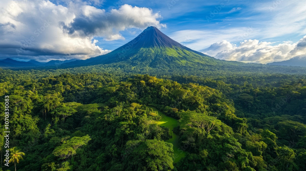 Fototapeta premium A stunning view of Arenal Volcano in Costa Rica, surrounded by lush rainforest and a bright blue sky.