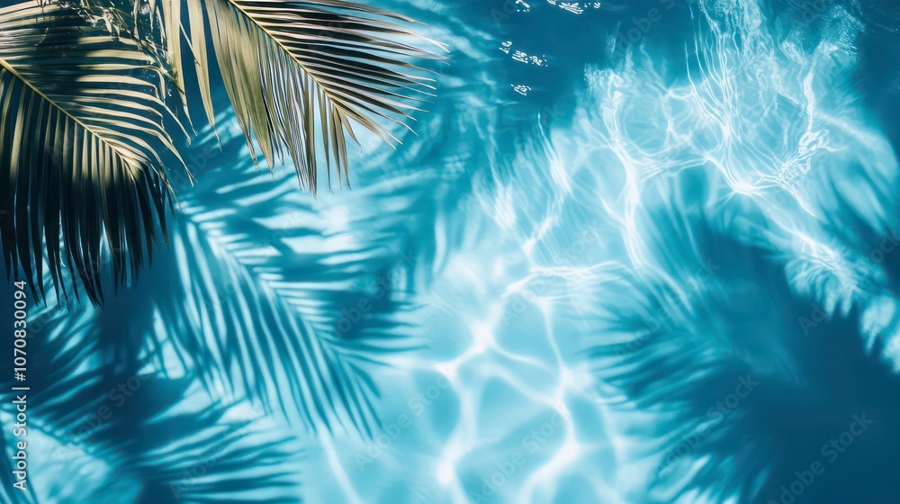 A serene pool scene with palm shadows reflecting on the water surface. A serene pool scene with palm shadows reflecting on the water surface.