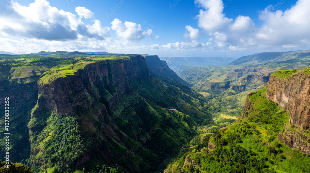 Naklejka premium A stunning view of the Simien Mountains in Ethiopia, with dramatic cliffs and valleys under a bright blue sky.