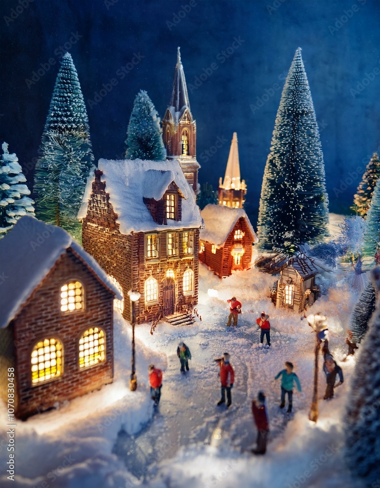 A cozy winter holiday village scene at night with snow-covered streets, glowing buildings, a red brick bakery, stone church, wooden cabin, ice-skating figurines, and golden light ambiance. A cozy winter holiday village scene at night with snow-covered streets, glowing buildings, a red brick bakery, stone church, wooden cabin, ice-skating figurines, and golden light ambiance.