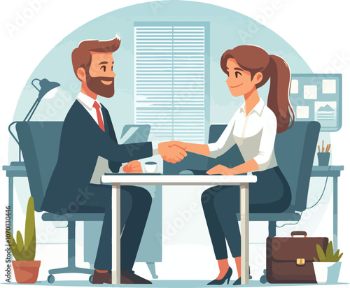 People shaking hands at work - Two businesspeople, man and woman doing handshake in office at work while smiling over business agreement and deal. Flat design stock illustration on white background