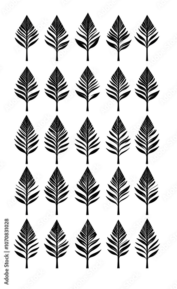 Black and white stylized palm tree silhouettes arranged in rows. Black and white stylized palm tree silhouettes arranged in rows.