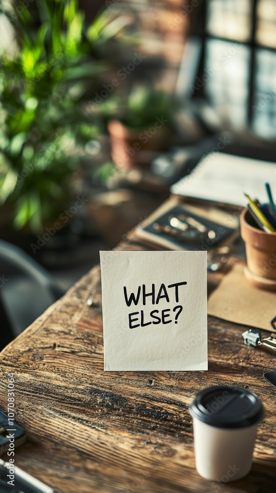 A humble workspace featuring a note card that reads 'WHAT ELSE?' placed on a wooden desk with blurred plants in the background conveying curiosity. A humble workspace featuring a note card that reads 'WHAT ELSE?' placed on a wooden desk with blurred plants in the background conveying curiosity.