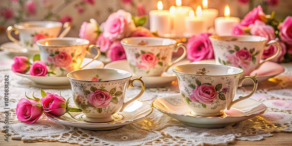 Elegant Long Exposure Tea Time Setting with Delicate Porcelain Cups Surrounded by Blooming Roses, Capturing Serenity and Beauty in a Timeless Atmosphere Elegant Long Exposure Tea Time Setting with Delicate Porcelain Cups Surrounded by Blooming Roses, Capturing Serenity and Beauty in a Timeless Atmosphere