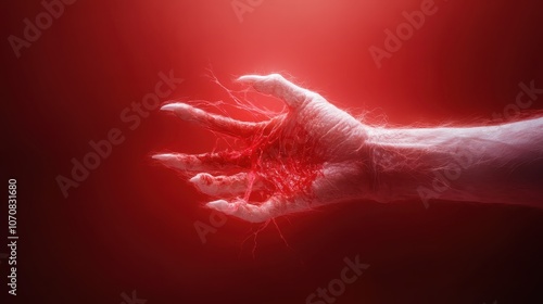 The image features a human hand entwined with vibrant red threads, implying a web of connections or emotions. The hand is bathed in dramatic light. photo