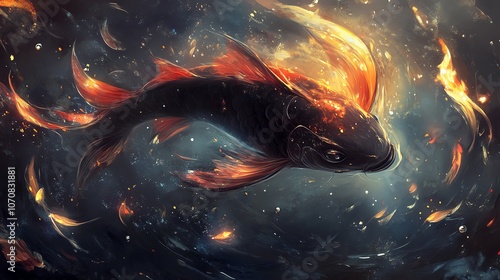 A majestic koi fish swimming gracefully through vibrant, swirling waters. photo