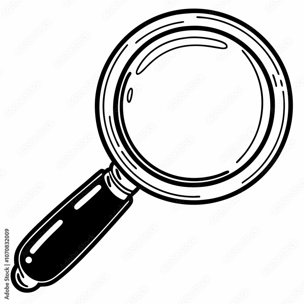 Magnifying glass icon, black and white illustration Magnifying glass icon, black and white illustration