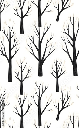 Seamless Pattern of Bare Trees with Tan Twigs Against White Background