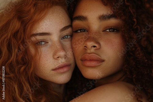 Two beautiful women pose together with natural beauty. One has vibrant red hair while the other has luscious dark curls. This photo captures modern friendship. Generative AI