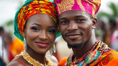 A traditional wedding celebration in Nigeria, with the bride and groom dressed in vibrant, matching attire.