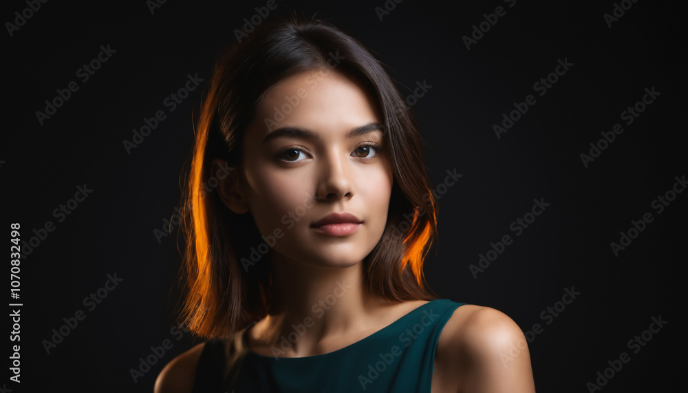 A vibrant and radiant young woman model in a minimalist design directional lights dark background A vibrant and radiant young woman model in a minimalist design directional lights dark background