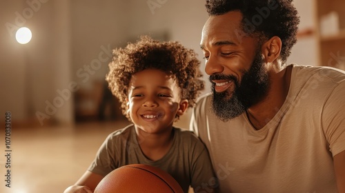 A father and son smile warmly while playing basketball indoors, highlighting themes of bonding, joy, and leisure during quality family time. photo