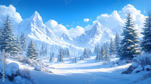 Wallpaper Mural Charming Winter Wonderland with Snow, Trees, and a Blue Sky in a Cute Game Art Style Torontodigital.ca