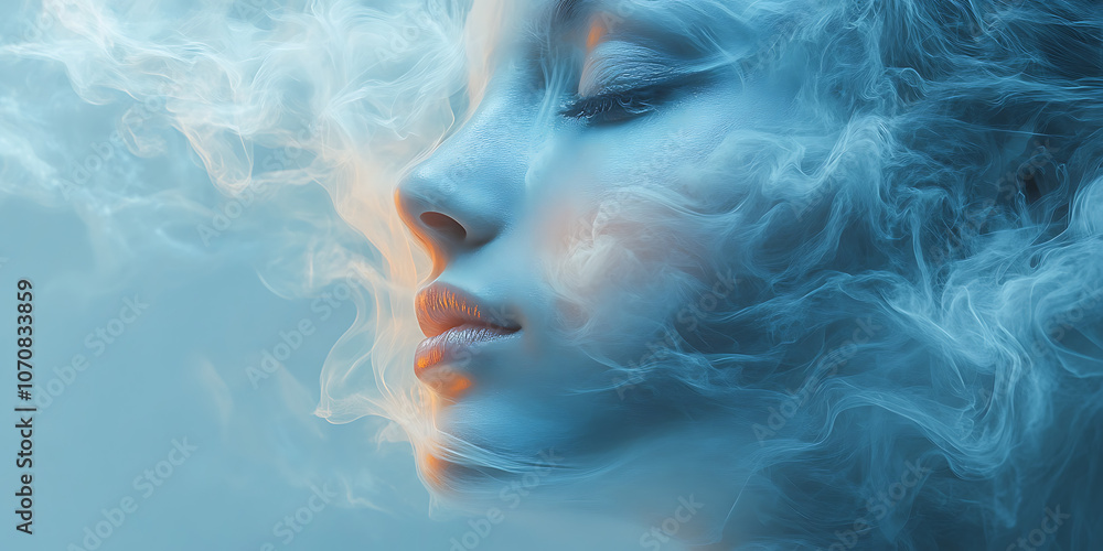 A tear highlighted in blue and white flows from the indistinct outline of an abstract face. The blurred features convey a sense of mystery, while the teardrop becomes the focal point, expressing deep A tear highlighted in blue and white flows from the indistinct outline of an abstract face. The blurred features convey a sense of mystery, while the teardrop becomes the focal point, expressing deep