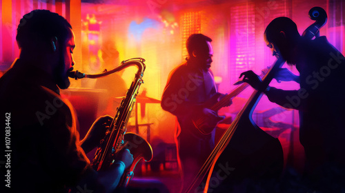 An American jazz band playing live in a cozy New Orleans club, with people dancing and enjoying the music.