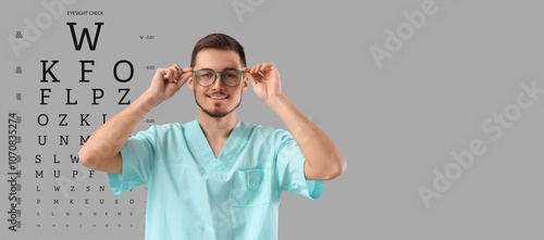 Young doctor with eyeglasses and eye test chart on grey background with space...