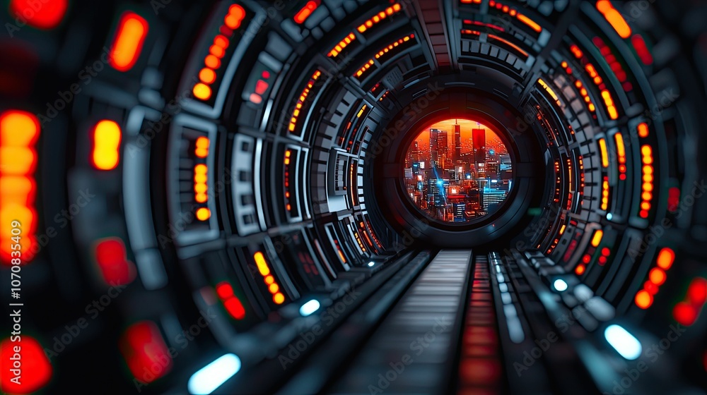 A futuristic tunnel with glowing lights and intricate machinery, leading to a vibrant cityscape at the end, illustrating advanced technology. A futuristic tunnel with glowing lights and intricate machinery, leading to a vibrant cityscape at the end, illustrating advanced technology.