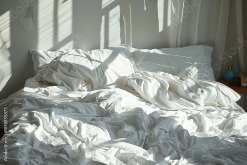 ssy bed with white bedding sheets and pillows, illustrating a relaxed home concept photo