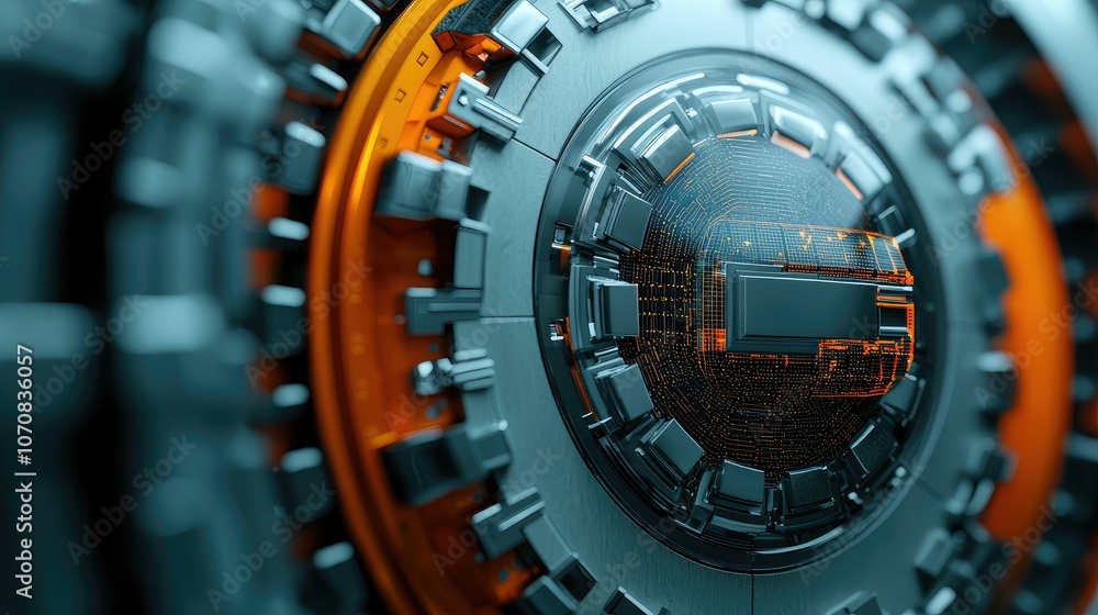 A close-up view of futuristic machinery featuring metallic gears and intricate circuitry, showcasing advanced technology and design. A close-up view of futuristic machinery featuring metallic gears and intricate circuitry, showcasing advanced technology and design.
