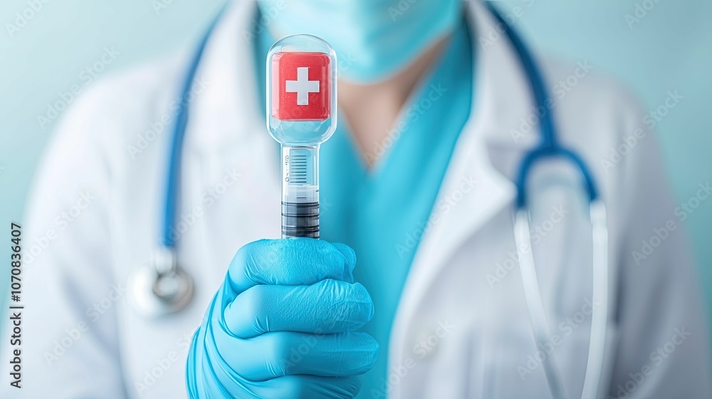 A healthcare professional in scrubs holds a syringe with a red cross symbol, emphasizing medical care and vaccination. A healthcare professional in scrubs holds a syringe with a red cross symbol, emphasizing medical care and vaccination.