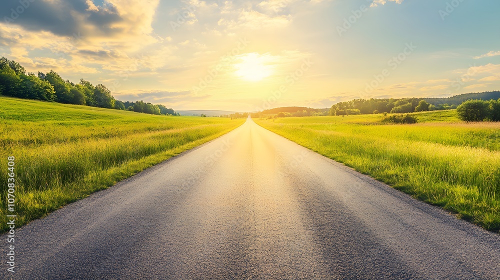 Straight Asphalt Road Leading Towards a Glowing Sunset Over a Green Meadow