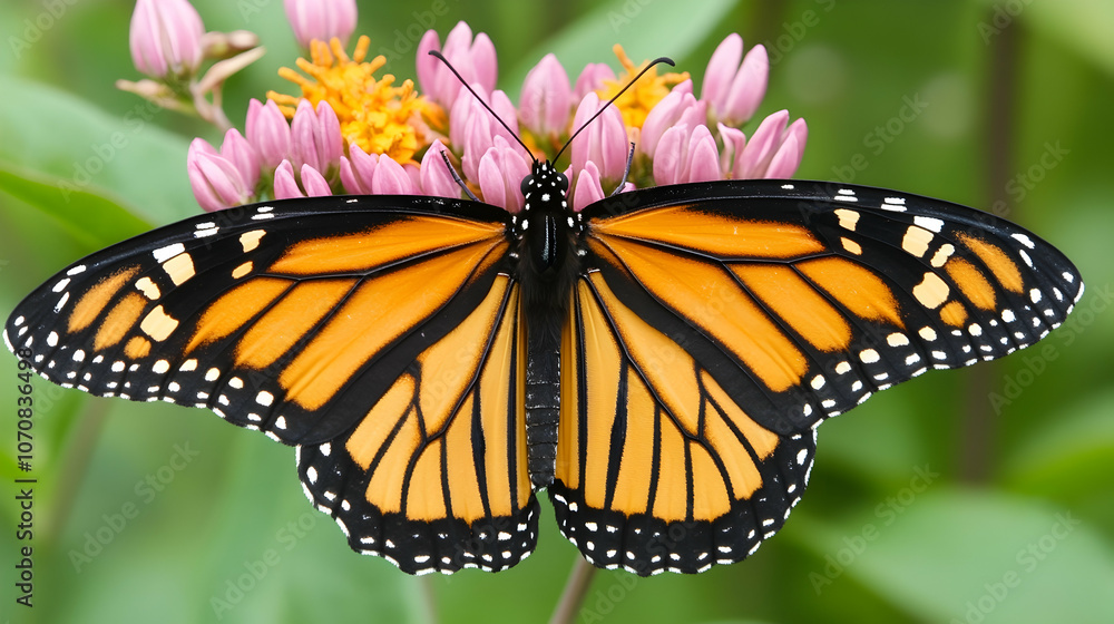 Fototapeta premium A monarch butterfly with its wings open, perched on a pink flower.