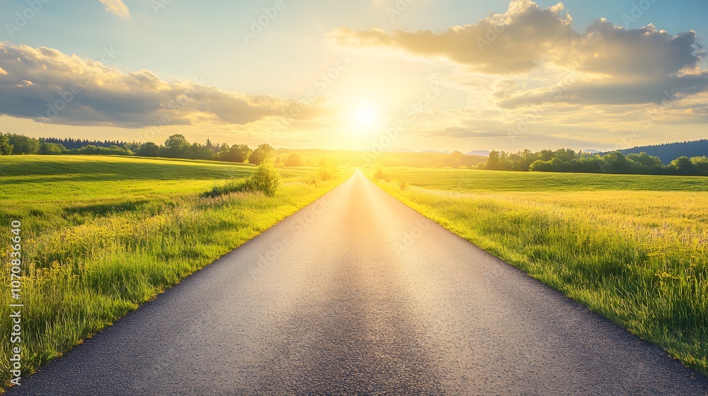 A Winding Asphalt Road Through a Green Field Towards a Sunset A Winding Asphalt Road Through a Green Field Towards a Sunset