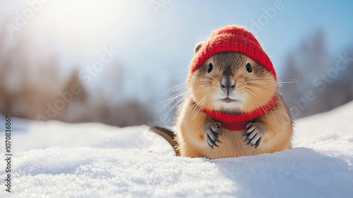 Cute groundhog in a red knitted winter hat and scarf sitting in the snow on a sunny winter day photo