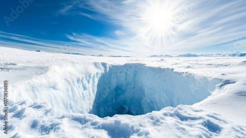 Sun shining on a dangerous crevasse opening in the vast antarctic ice sheet, a stunning yet perilous polar landscape photo