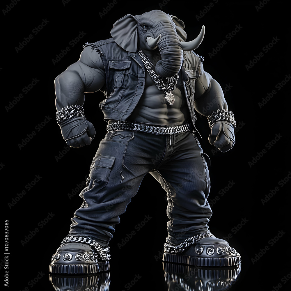 A muscular, anthropomorphic elephant wearing a leather jacket, jeans, and chains, poses confidently against a black background. A muscular, anthropomorphic elephant wearing a leather jacket, jeans, and chains, poses confidently against a black background.