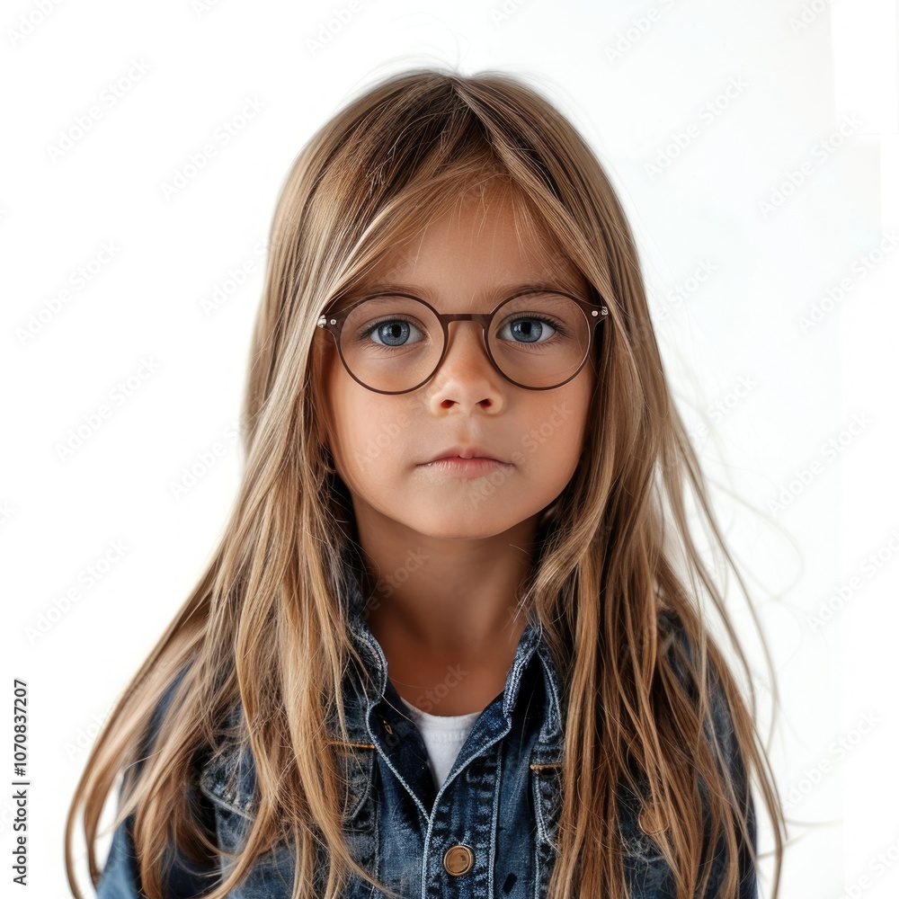 Young girl with long blonde hair wearing round glasses and a denim jacket. Young girl with long blonde hair wearing round glasses and a denim jacket.
