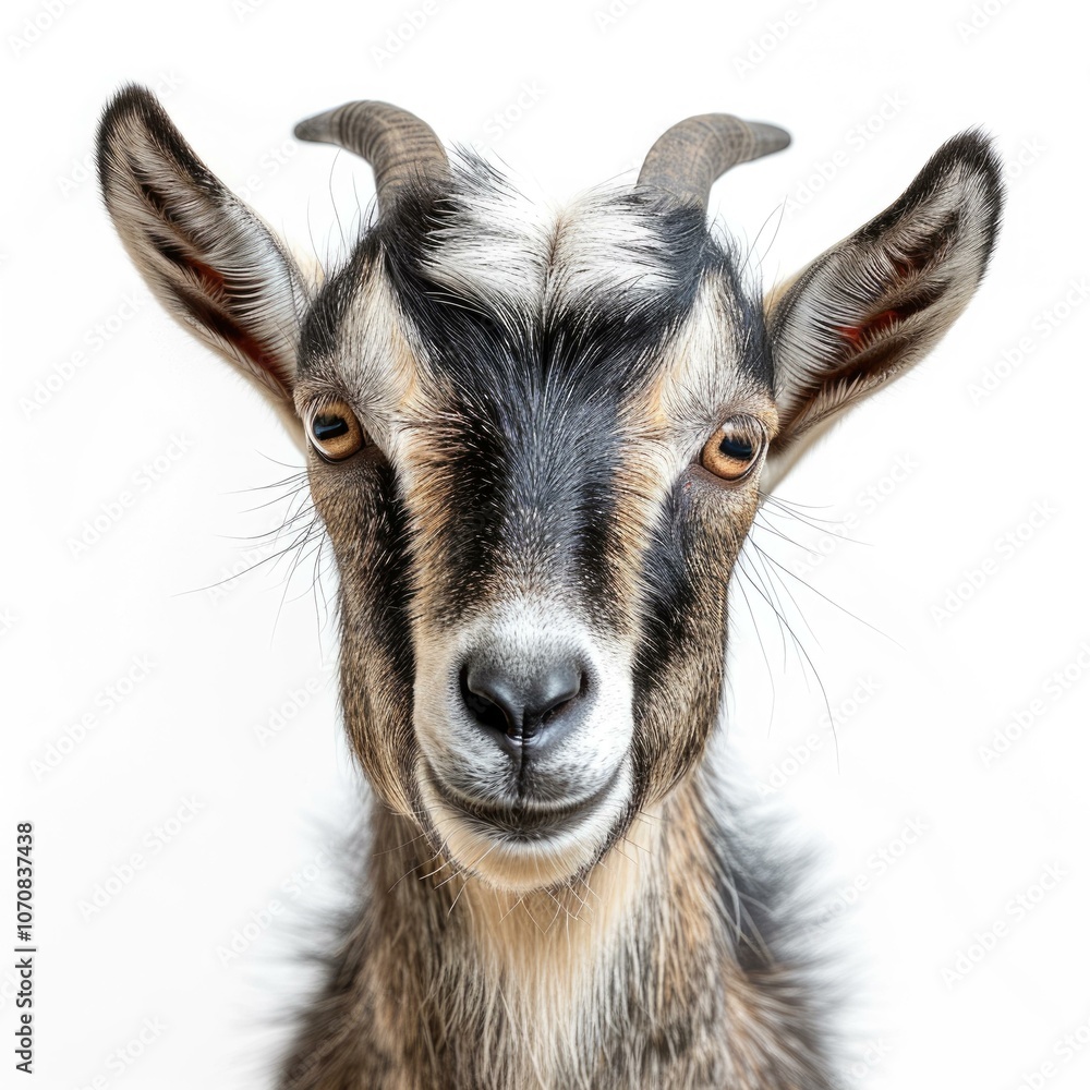 Fototapeta premium Close up portrait of a curious goat with brown and black fur.