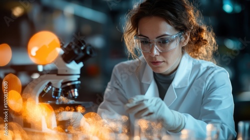 A dedicated female scientist wearing safety goggles is deeply involved in data analysis under the microscope, epitomizing scientific curiosity and technological progress. photo