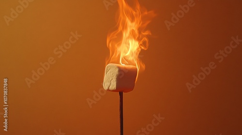 A fluffy marshmallow is engulfed in flames while roasting on a stick, illuminated by a warm orange backdrop, creating a cozy and inviting atmosphere