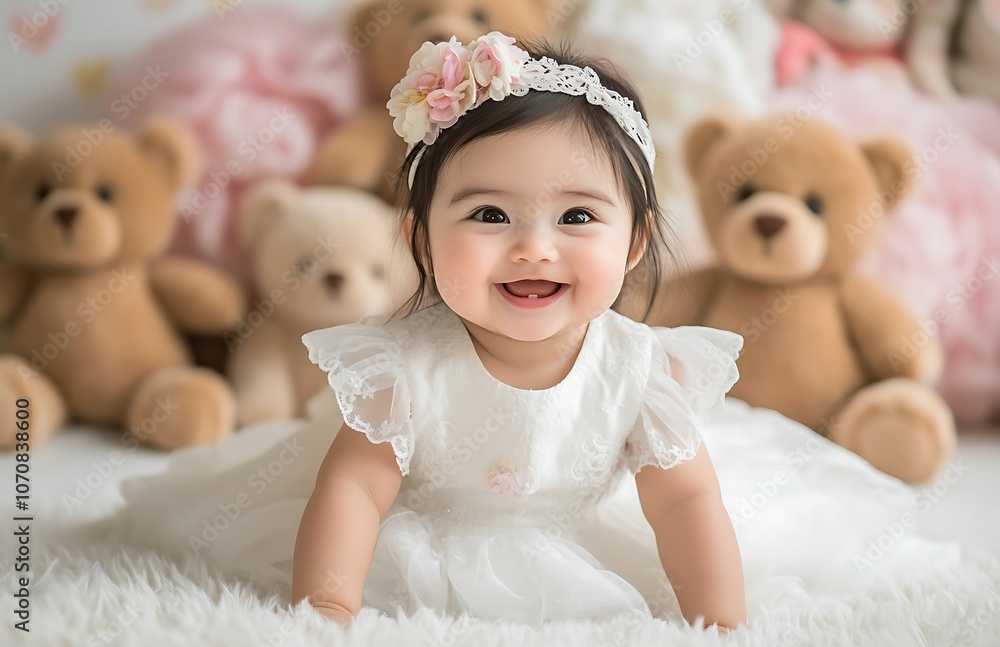 A joyful baby girl in a white dress smiles happily among teddy bears in a cozy nursery setting