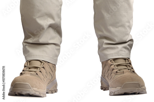 Beige tactical desert boots and ripstop pants, khaki tan suede leather army combat footwear and trousers, brand new casual men's clothing, large detailed isolated SOF apparel closeup, white background photo