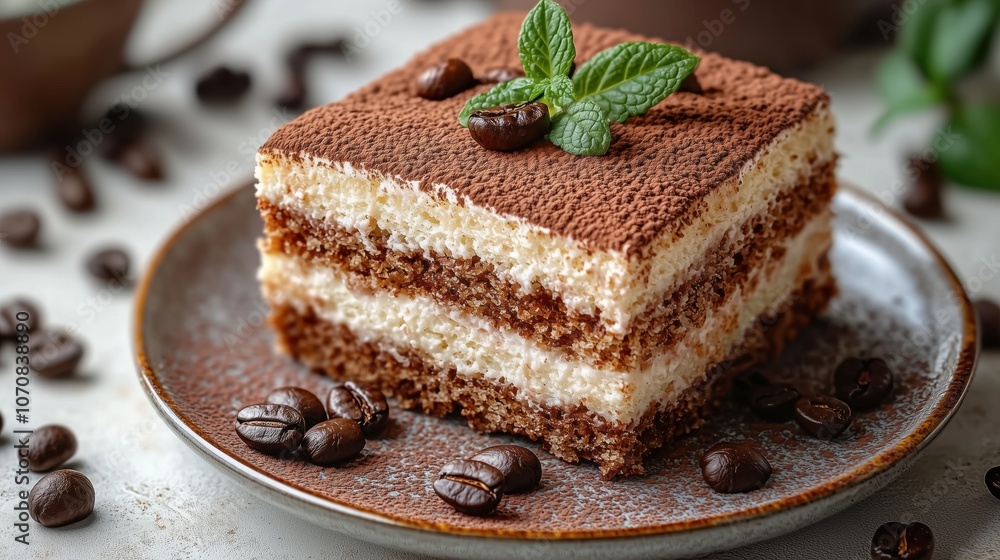 Rich Tiramisu Cake with Coffee Flavor on Plate Rich Tiramisu Cake with Coffee Flavor on Plate