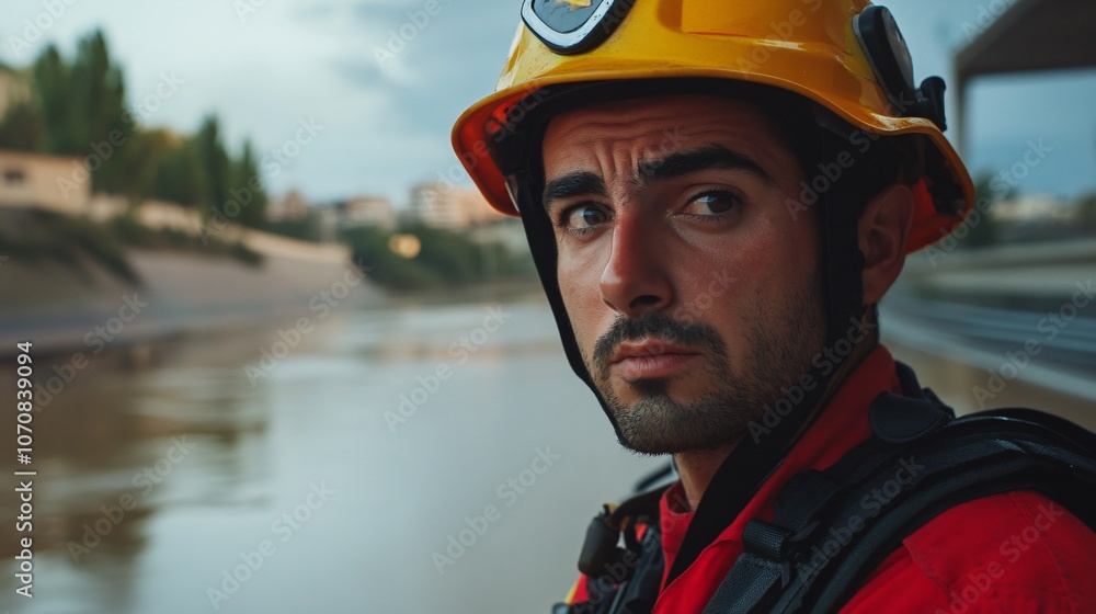 A rescue worker in protective gear observes the rising water levels of a flooded river during twilight, prepared for emergency response efforts A rescue worker in protective gear observes the rising water levels of a flooded river during twilight, prepared for emergency response efforts