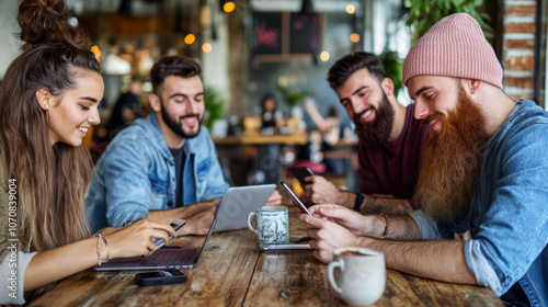 A group of young professionals networking at a trendy cafe, discussing ideas and sharing content on digital devices. photo