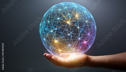 A glowing data sphere composed of colorful neural pathways held delicately in a man’s hand,