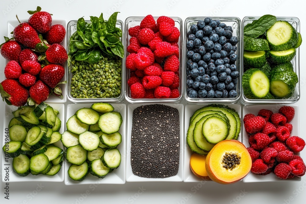 colorful array of fresh fruits, vegetables, and seeds in glass and ceramic containers on a white background, showcasing strawberries, raspberries, blueberries, cucumber, chia seeds, and avocado slices colorful array of fresh fruits, vegetables, and seeds in glass and ceramic containers on a white background, showcasing strawberries, raspberries, blueberries, cucumber, chia seeds, and avocado slices