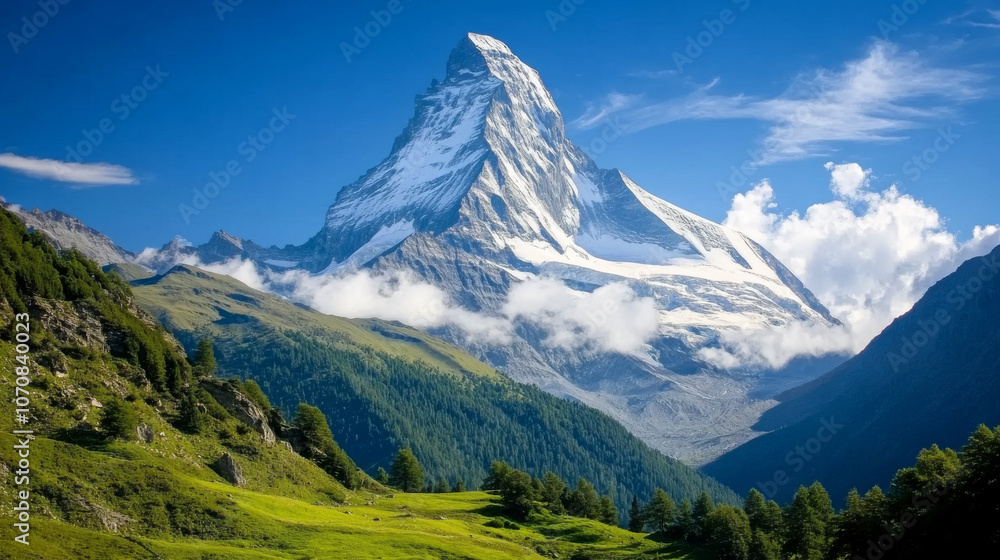 Fototapeta premium A picturesque view of the Matterhorn mountain, standing tall under a clear blue sky with green meadows below.