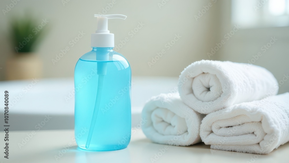 A bottle of liquid soap and white terry towels. Photo for a spa center A bottle of liquid soap and white terry towels. Photo for a spa center