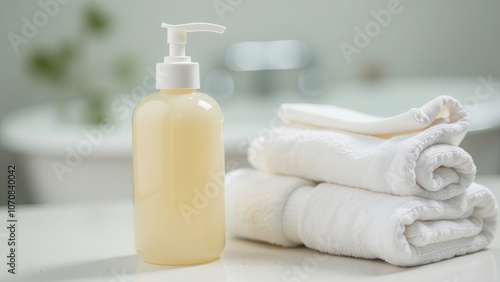 liquid soap and white towels, photo from the bathroom